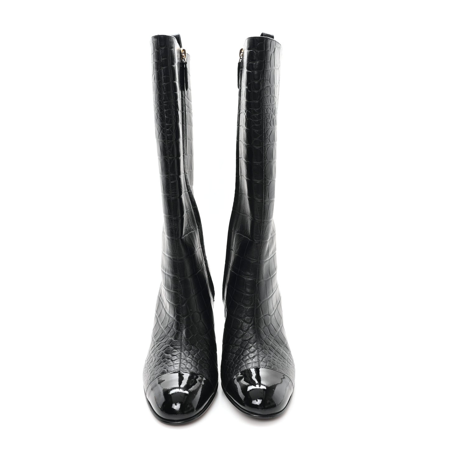 Calfskin Crocodile Embossed Cap Toe High Boots 38 Black