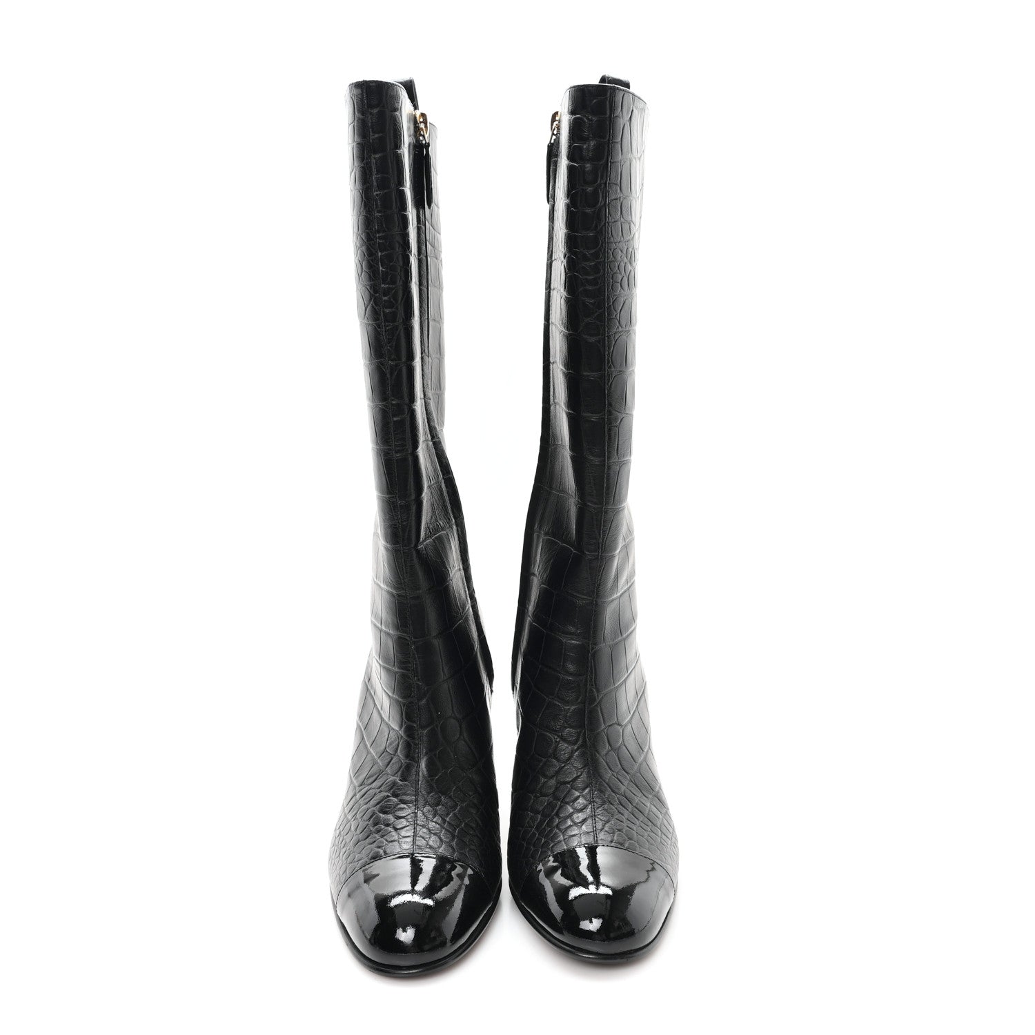 Chanel Calfskin Crocodile Embossed Cap Toe High Boots 38 Black 3 of 10