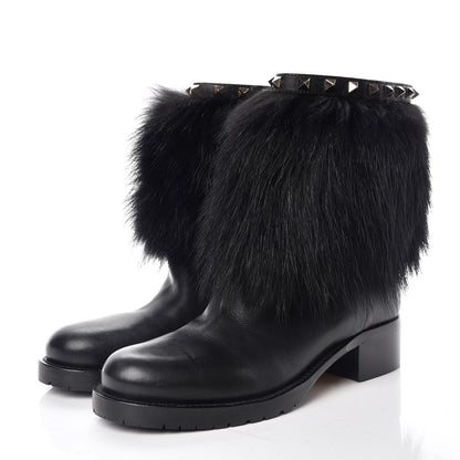 Valentino Garavani Calfskin Fox Fur Rockstud Winter Boots 38 Black 3 of 7