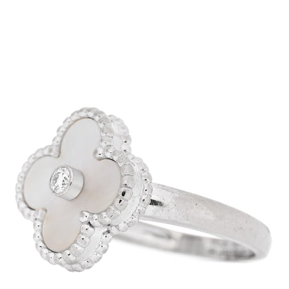 Van Cleef & Arpels 18K White Gold Diamond Mother of Pearl Vintage Alhambra Ring 54 6.75 3 of 5
