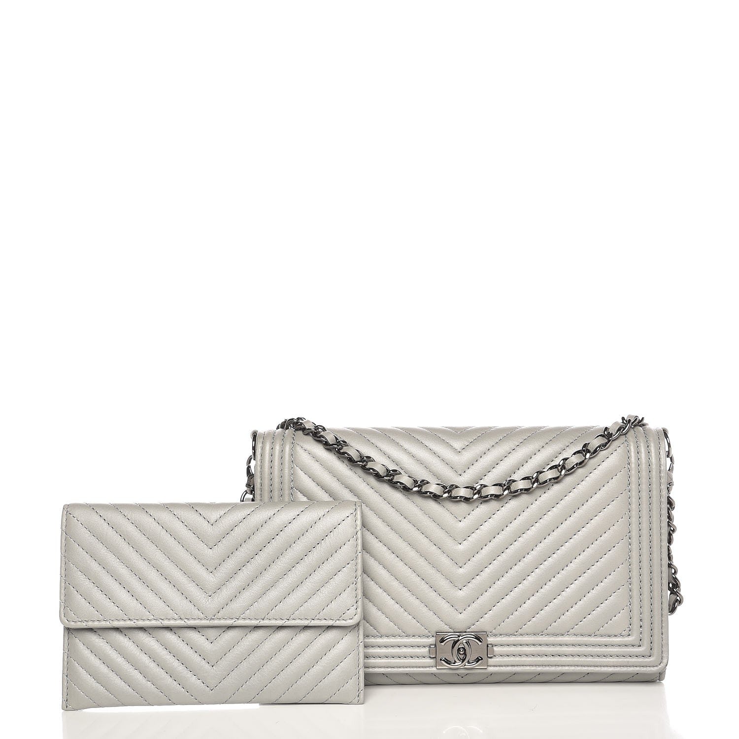 Chanel Calfskin Chevron Quilted Boy Wallet On Removable Chain WOC Grey 4 of 11