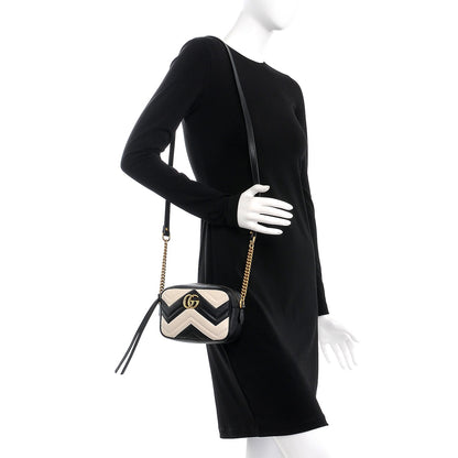 Gucci Calfskin Matelasse Mini GG Marmont Chain Shoulder Bag Black White 2 of 9