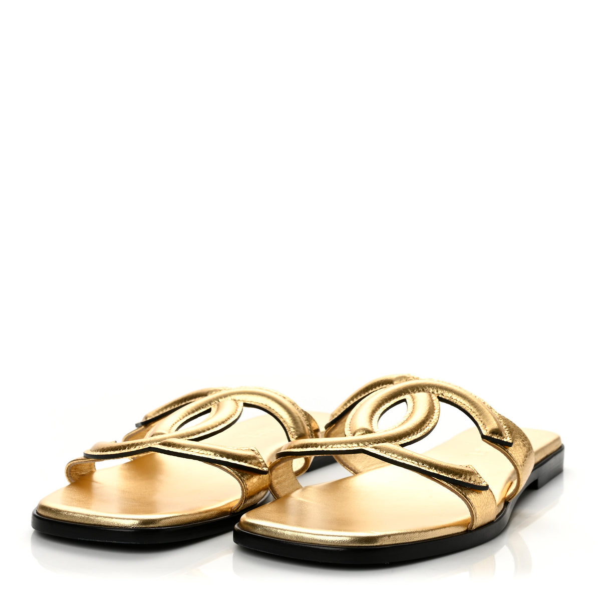 Crackled Laminated Calfskin CC Cut Out Mules Sandals 40 Gold