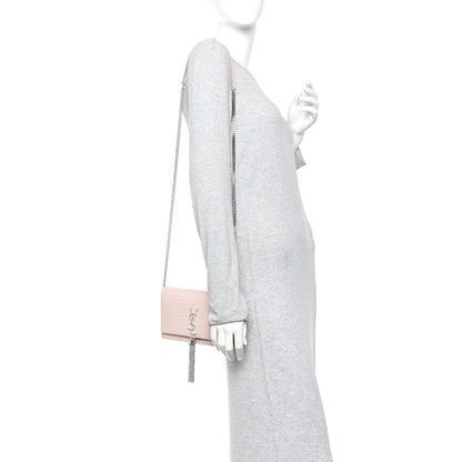 Saint Laurent Calfskin Crocodile Embossed Kate Monogram Tassel Chain Wallet Marble Pink 2 of 13