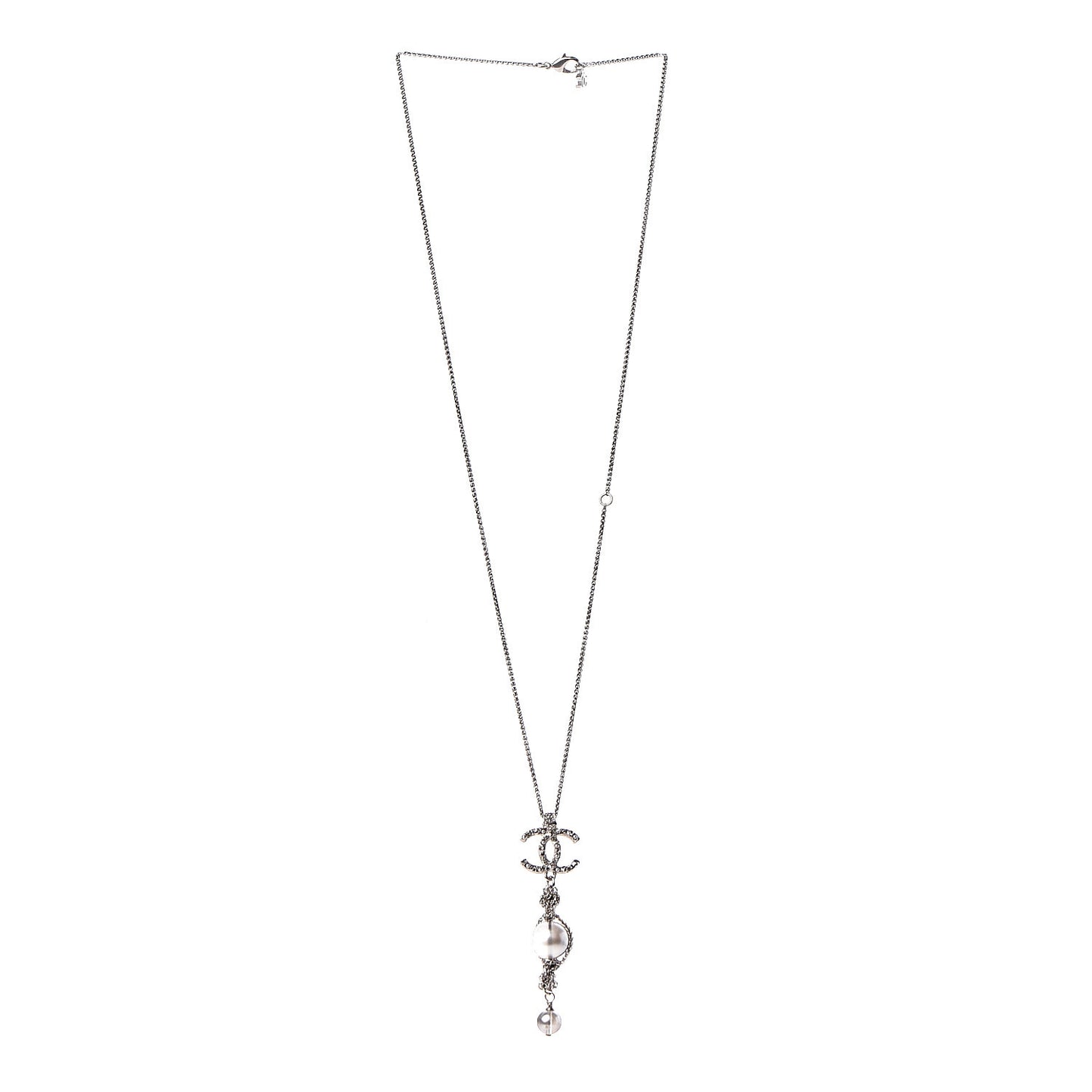 Pearl Crystal Resin CC Drop Necklace Silver Dark Grey
