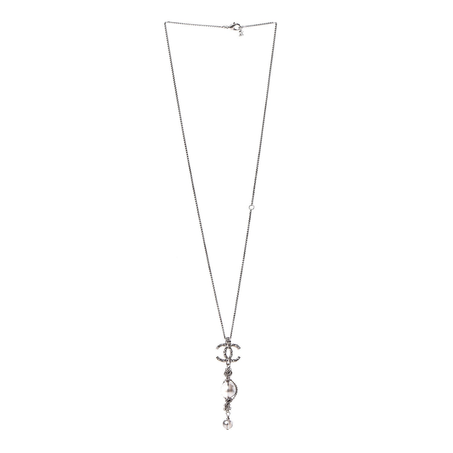 Chanel Pearl Crystal Resin CC Drop Necklace Silver Dark Grey 3 of 6