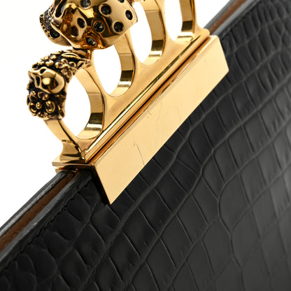Alexander McQueen Calfskin Crocodile Embossed Knuckle Flat Clutch Black Gold 8 of 9
