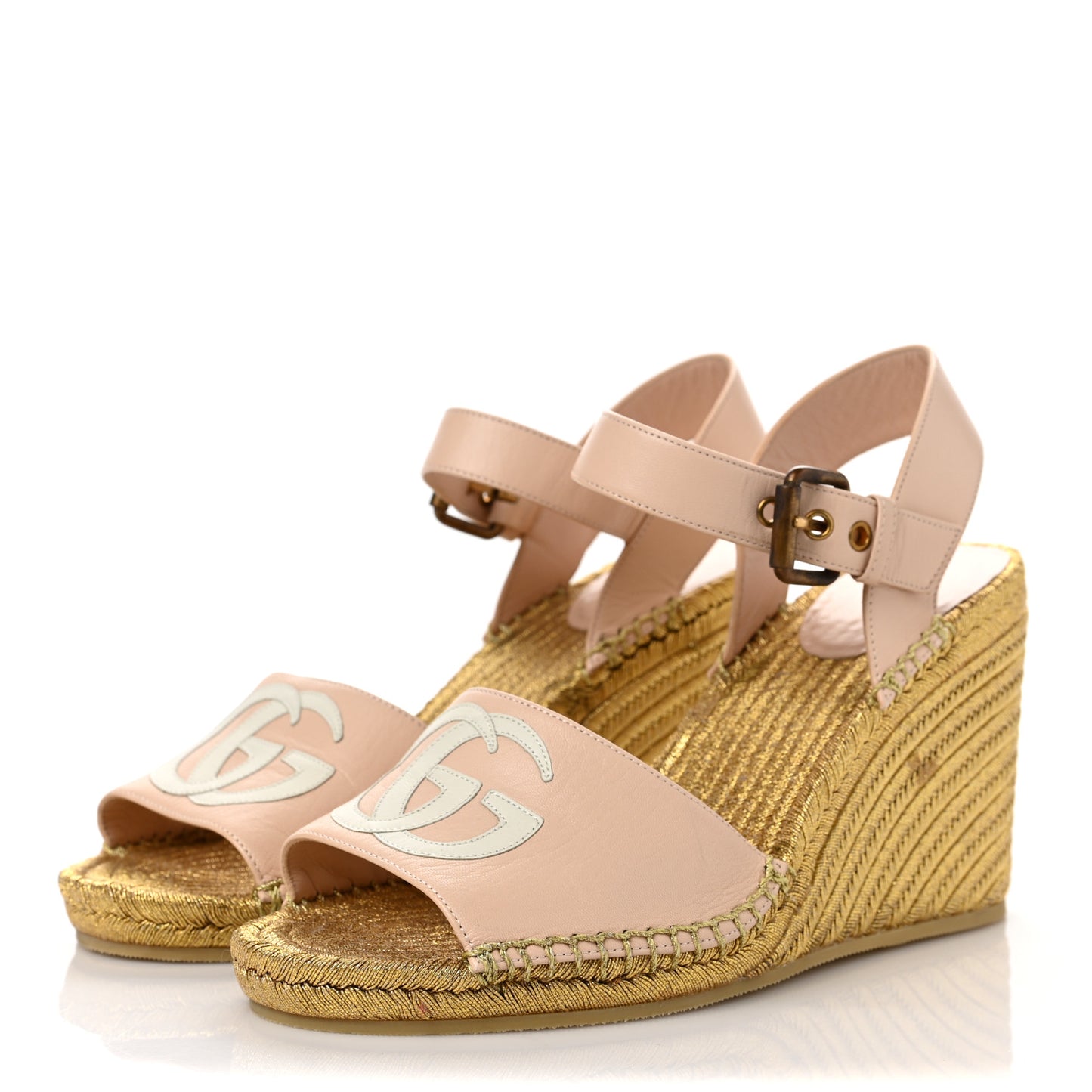 Malaga Kid Lifford Calfskin GG Espadrille Wedge Sandals 38 Skin Rose Dusty White