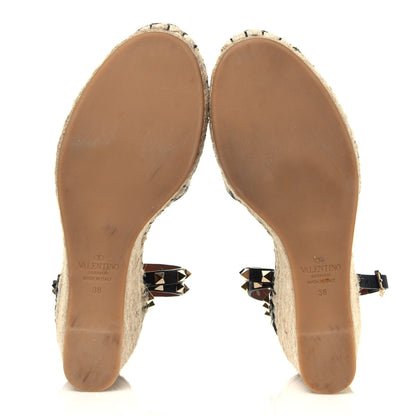 Valentino Garavani Grained Calfskin Rockstud Ankle Wrap Espadrille 15/85mm Wedges 38 Black Light Cuir 5 of 7
