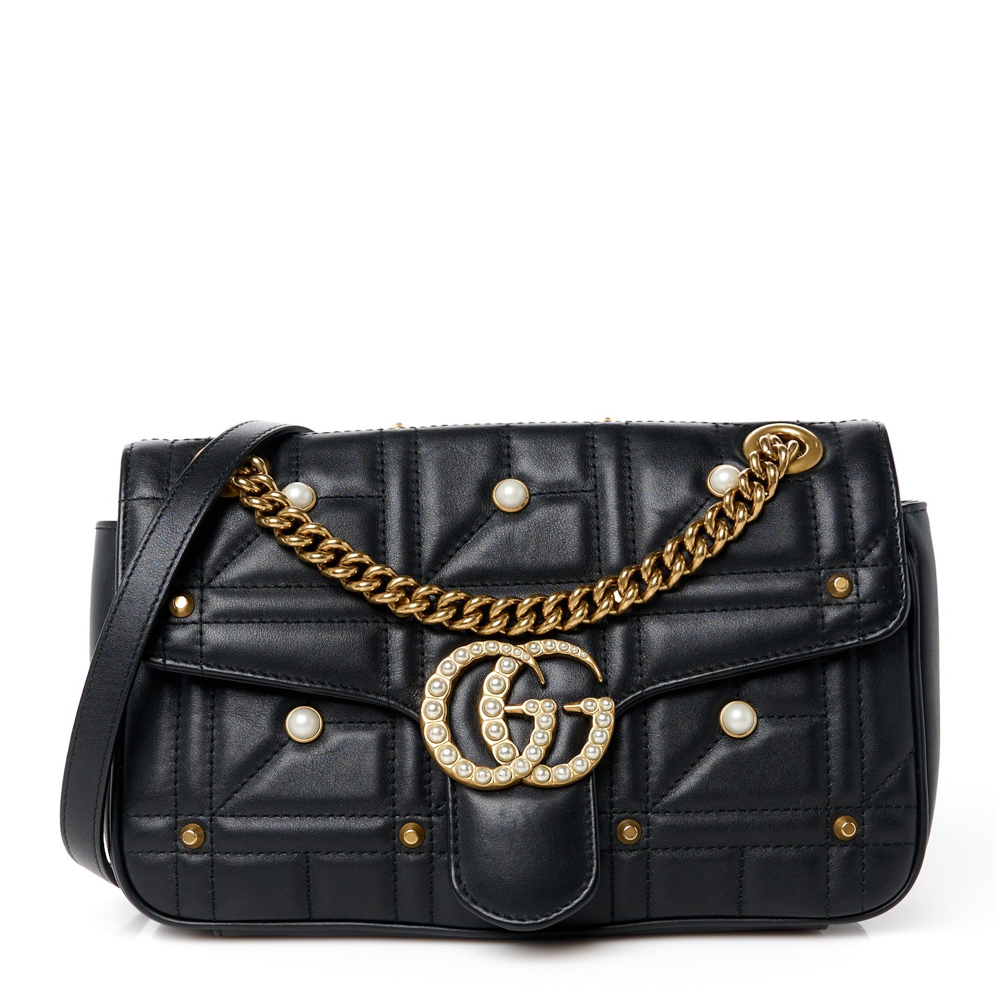 Calfskin Matelasse Studded Small Pearly GG Marmont Shoulder Bag Black