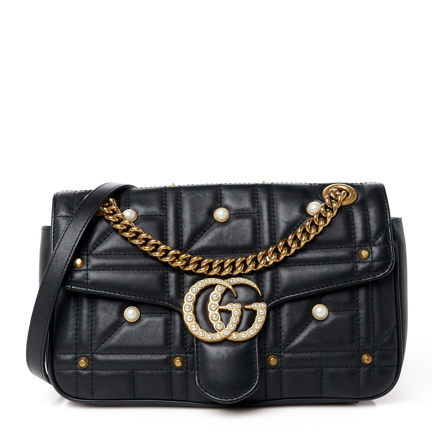 Gucci Calfskin Matelasse Studded Small Pearly GG Marmont Shoulder Bag Black 1 of 11