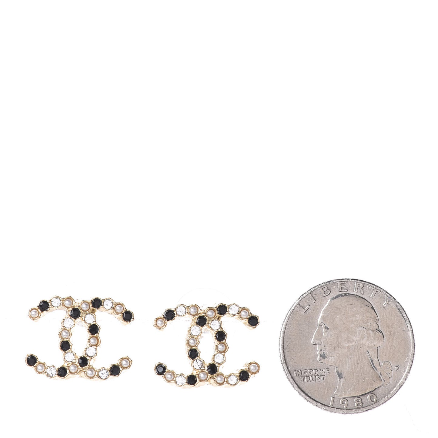 Resin Pearl Crystal CC Earrings Gold Black