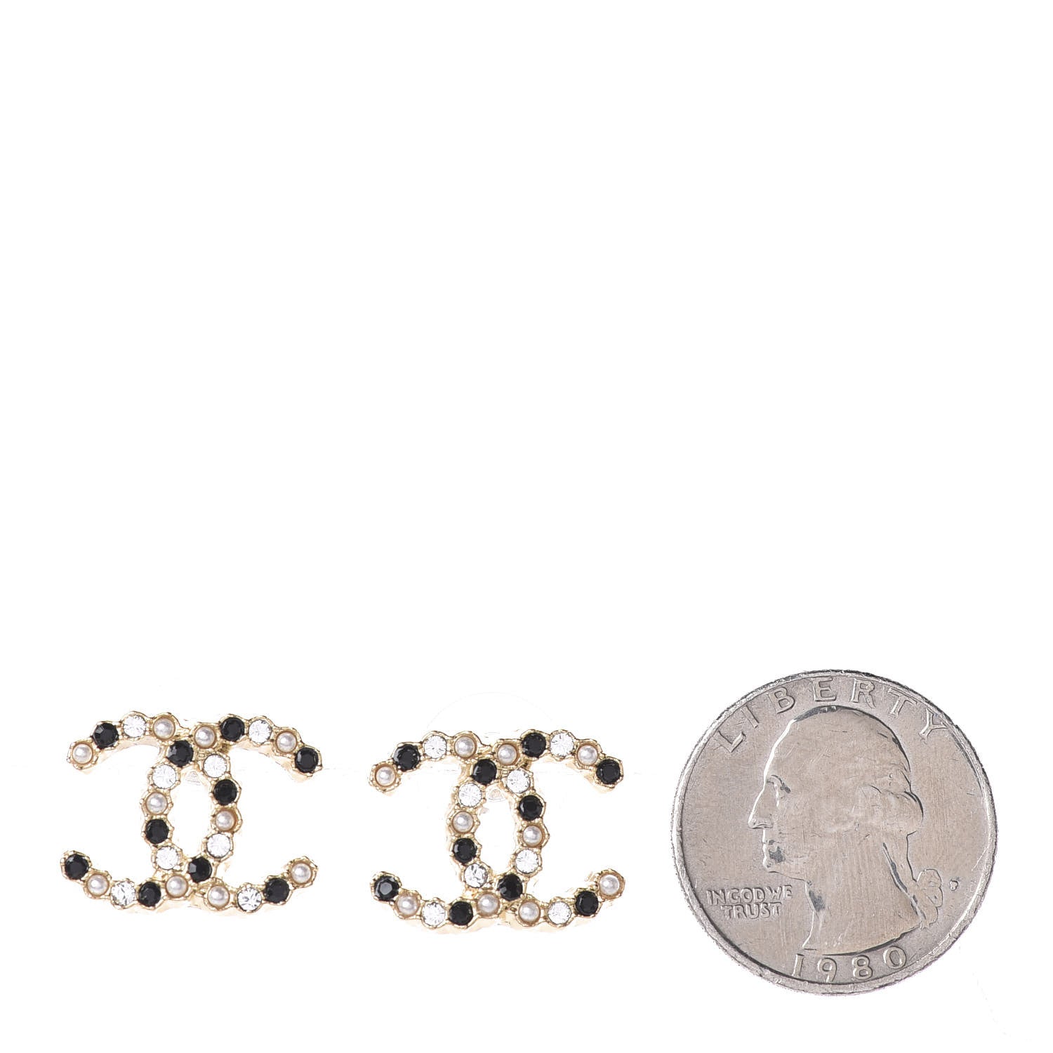 Chanel Resin Pearl Crystal CC Earrings Gold Black 2 of 4