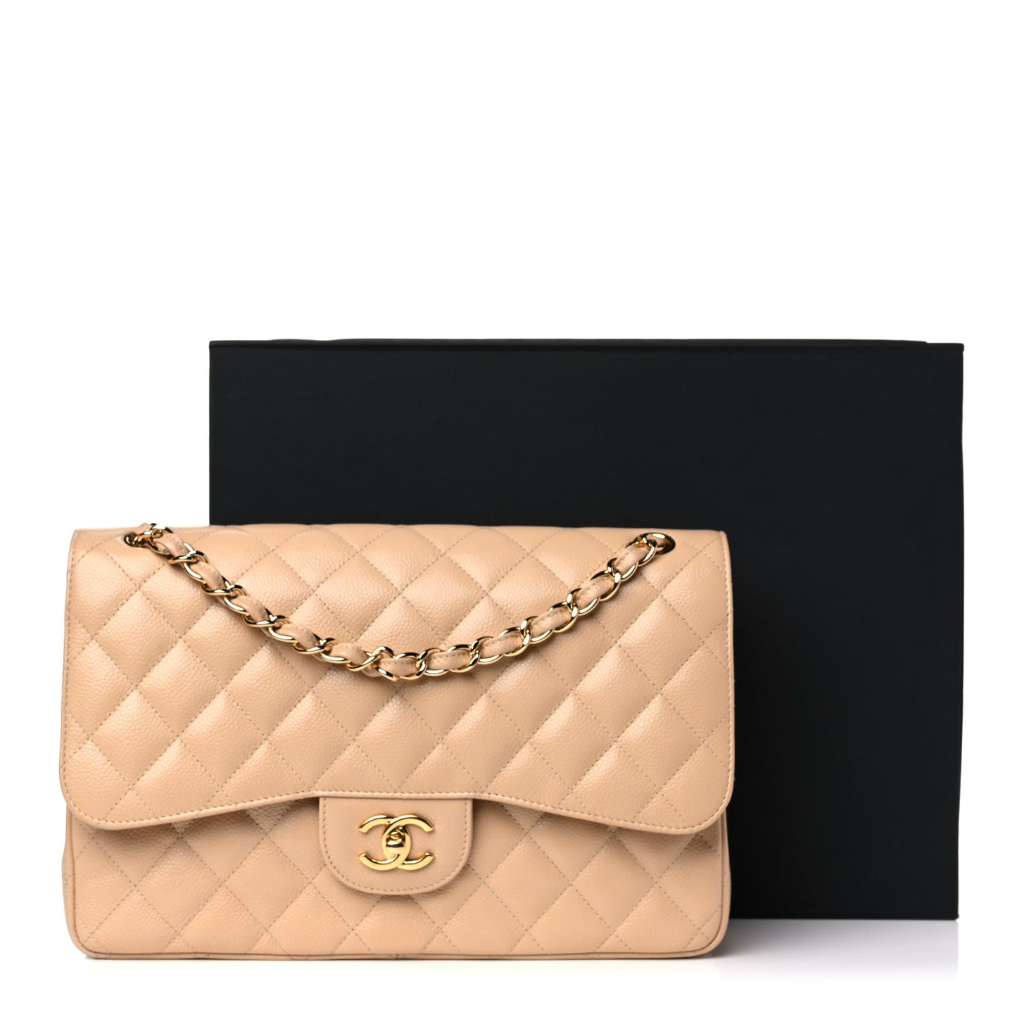 Caviar Quilted Jumbo Double Flap Beige Clair
