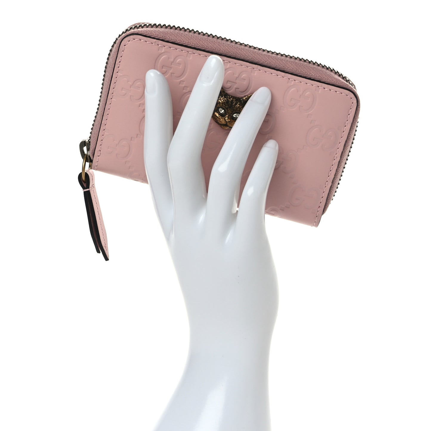 Guccissima Signature Crystal Cat Zip Around Card Case Light Candy Pink