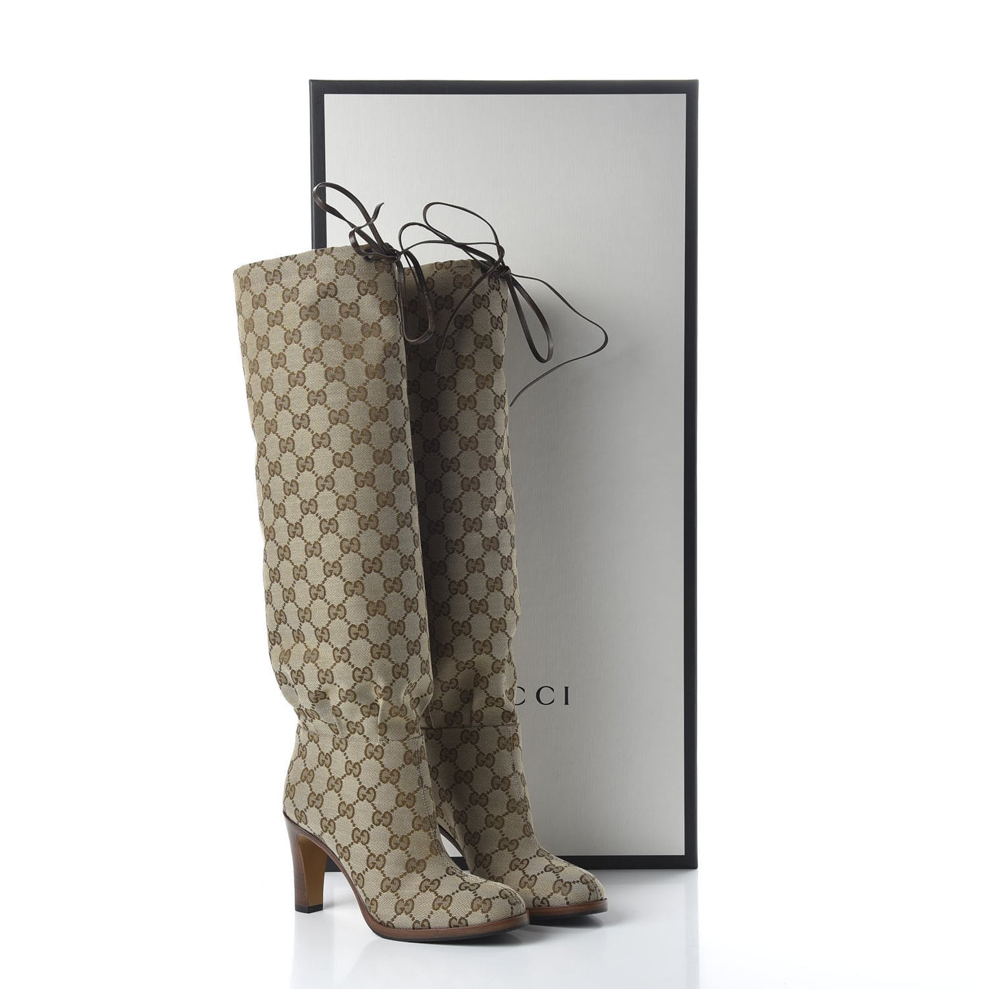Monogram Lisa Mid Heel Boots 35 Beige Ebony