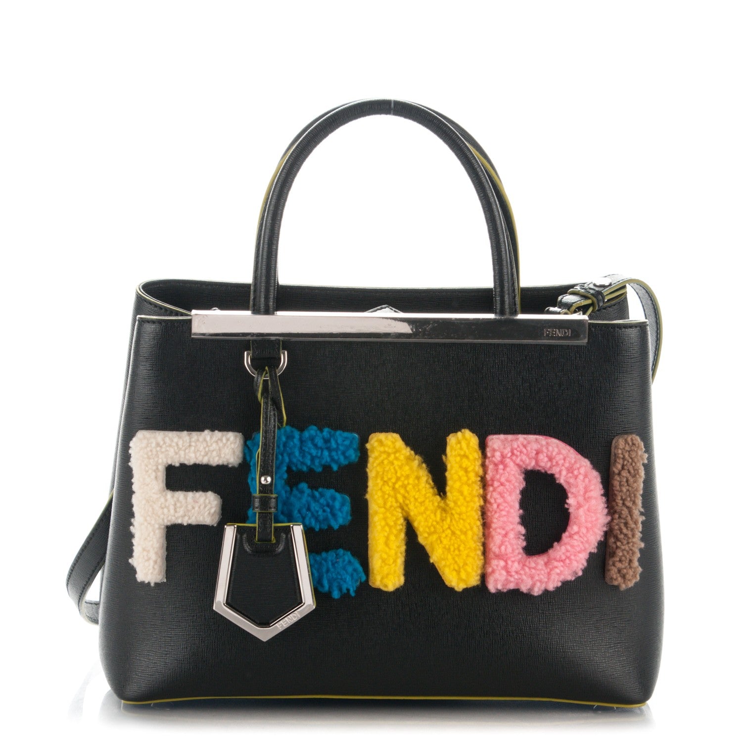 Fendi Vitello Elite Shearling Block Letter Petite 2Jours Tote Black 1 of 7
