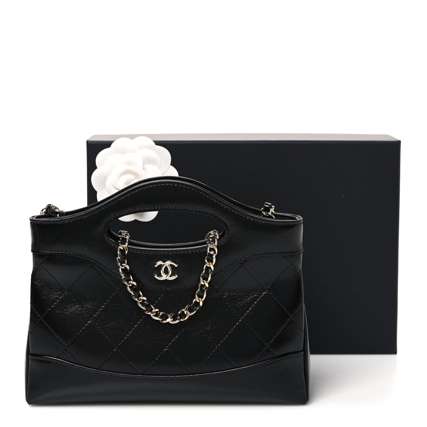 Shiny Crumpled Calfskin Quilted Nano 31 Shopping Bag Black
