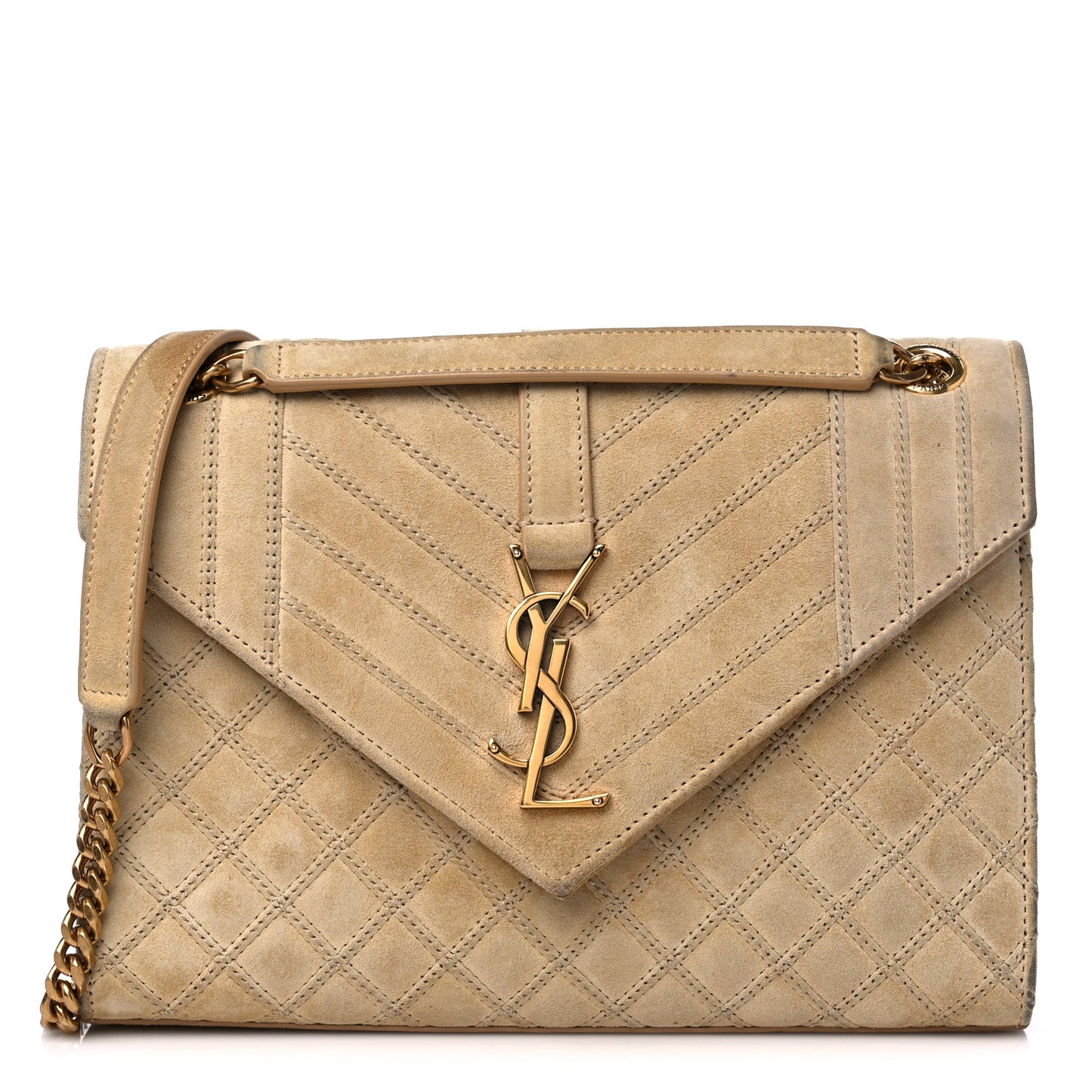 Suede Mixed Matelasse Triquilt Medium Monogram Envelope Satchel Sea Salt