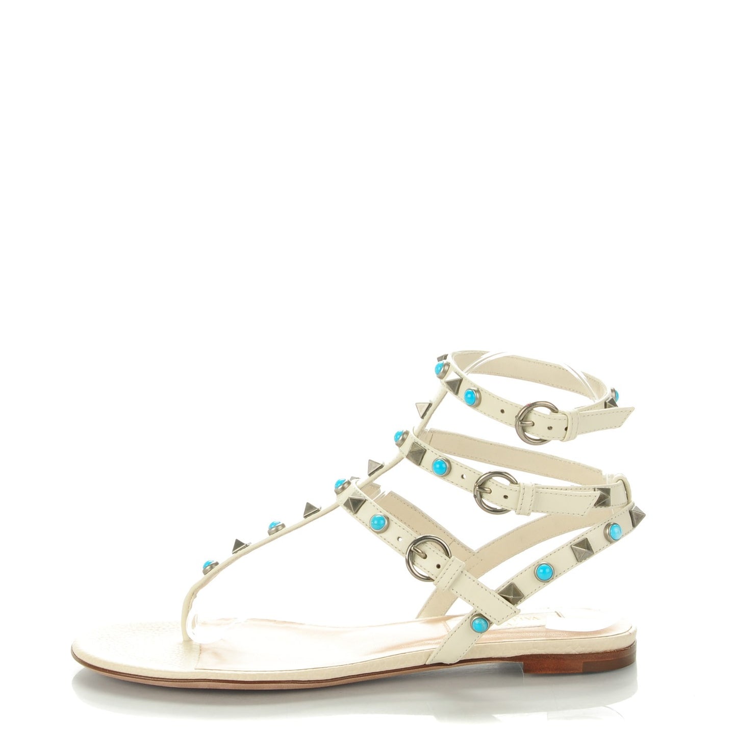 Calfskin Rockstud Rolling Ankle Wrap Flat Thong Sandals 36.5 White