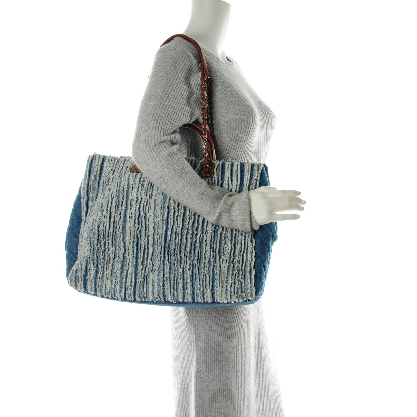 Denim Fringe Large Shopping Tote Blue