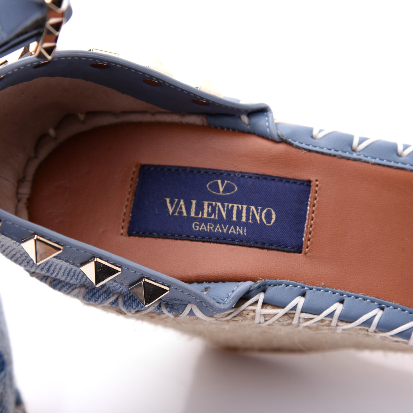 Denim Butterfly Embroidered Rockstud Ankle Wrap Espadrille 15/85mm Wedges 36 Light Denim
