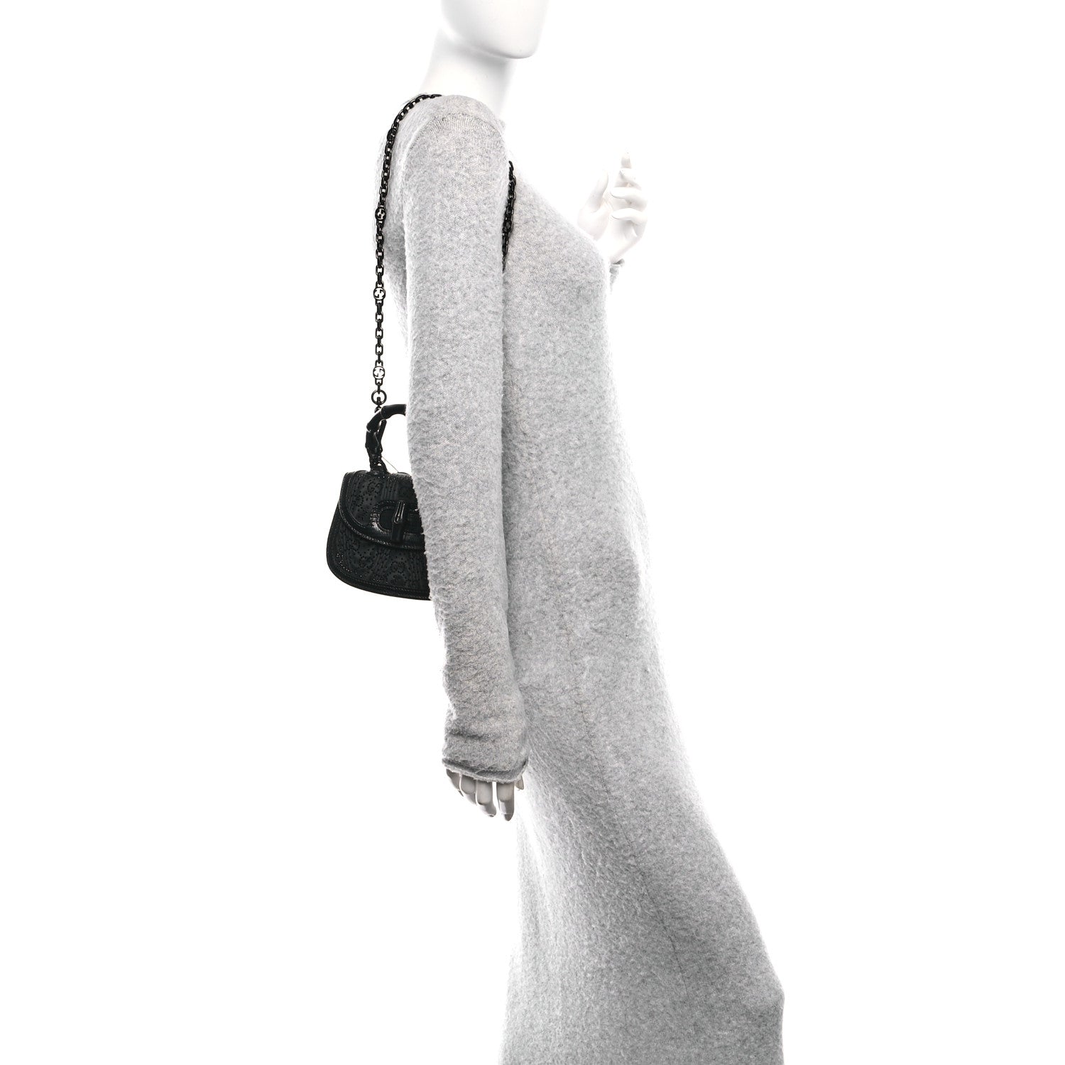 Gucci Moire Fabric Calfskin Rhinestone Monogram Monochrome Lizard Embossed Mini Bamboo 1947 Top Handle Chain Bag Black 2 of 10