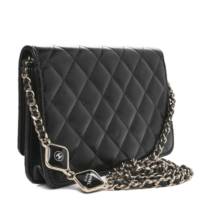 Chanel Shiny Aged Calfskin Enamel Logo Quilted Wallet On Chain WOC Black 2 of 10