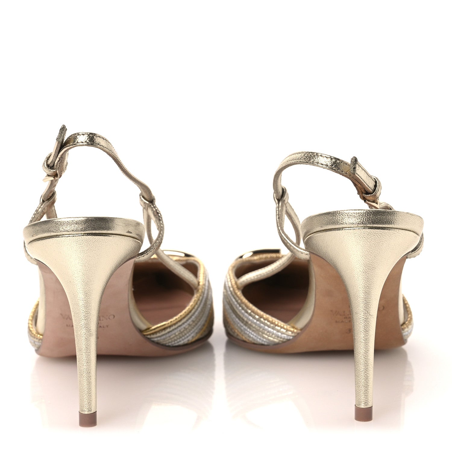 Valentino Garavani Metallic Raffia Calfskin Vlogo Slingback 80mm Pumps 37.5 Gold Silver 6 of 13