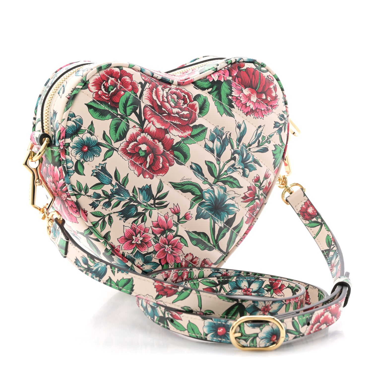 Gucci Calfskin Matelasse Diagonal Brit Roses Print Mini Interlocking G Heart Shoulder Bag White Multicolor 4 of 21