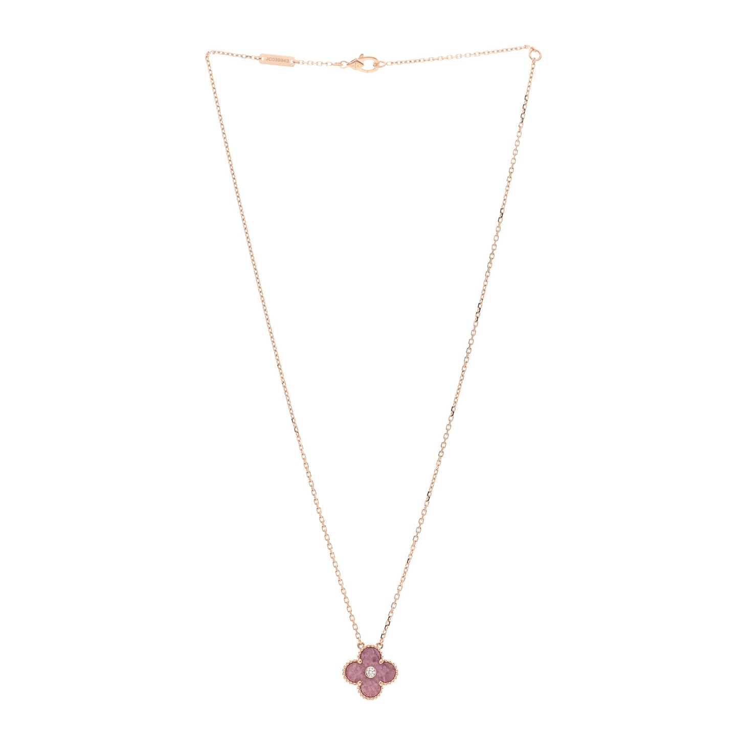 18K Rose Gold Diamond Rhodonite Vintage Alhambra Pendant Necklace