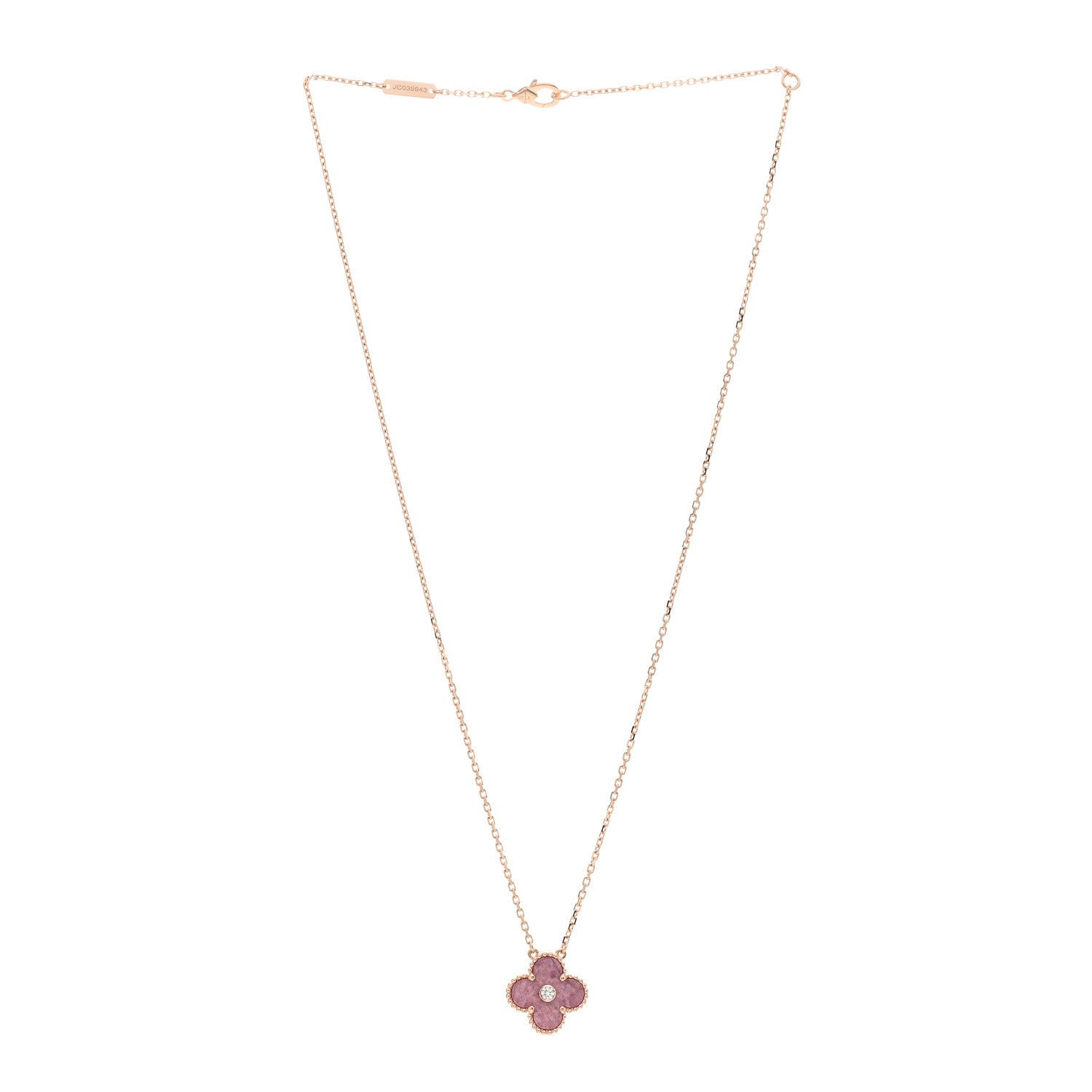 Van Cleef & Arpels 18K Rose Gold Diamond Rhodonite Vintage Alhambra Pendant Necklace 2 of 5