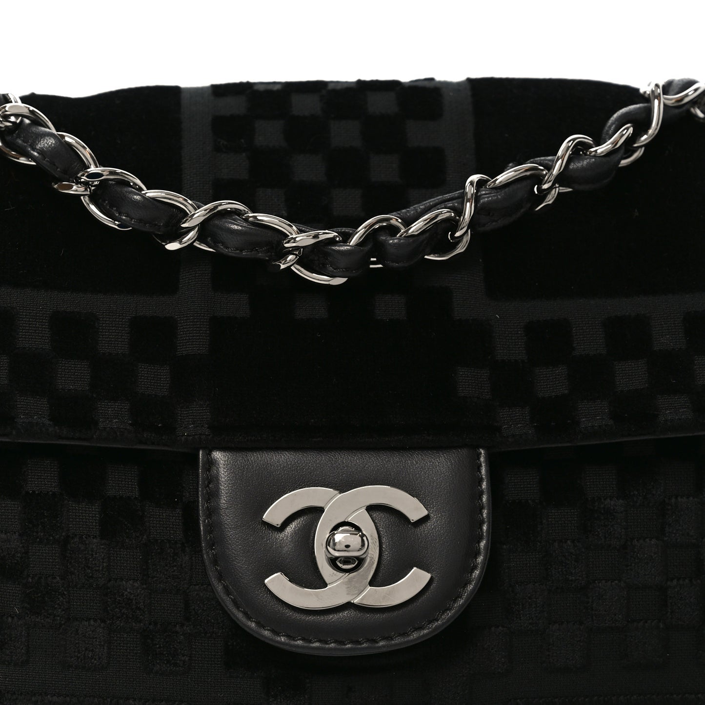Velvet Checkered Flap Bag Black