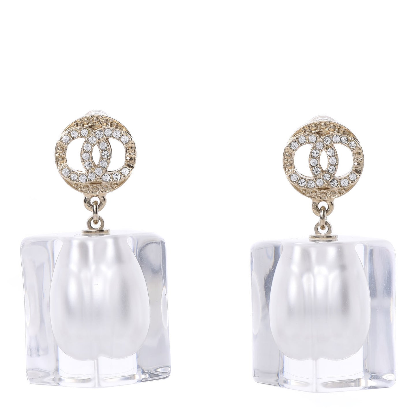 Crystal Lucite Pearl CC Drop Earrings Gold