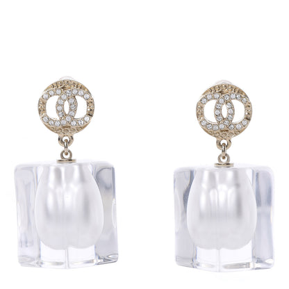 Chanel Crystal Lucite Pearl CC Drop Earrings Gold 1 of 5