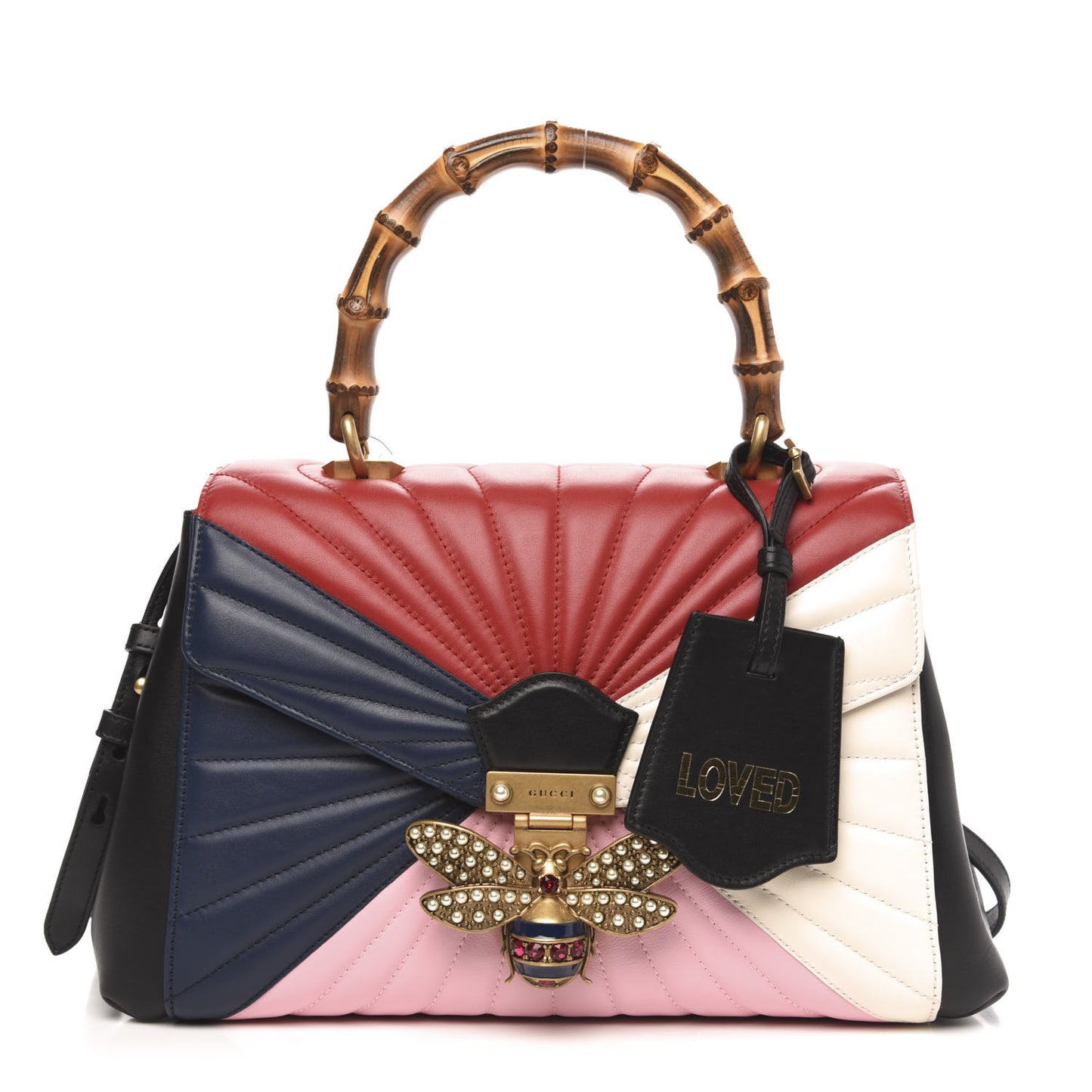 Calfskin Bamboo Trapuntata Queen Margaret Top Handle Bag Blue Agata Hibiscus Red Mystic White Sugar Pink