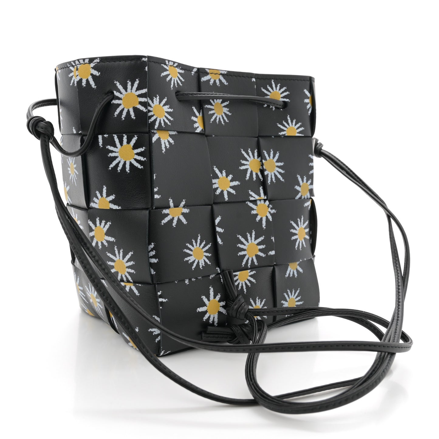 Nappa Maxi Intrecciato Daisy Print Small Cassette Bucket Bag Black White Yellow