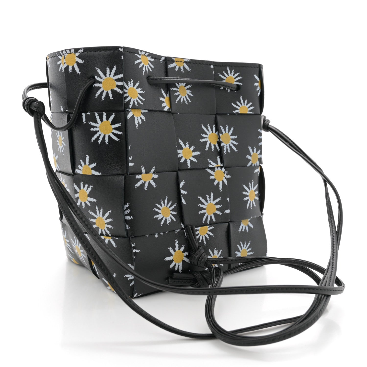 Bottega Veneta Nappa Maxi Intrecciato Daisy Print Small Cassette Bucket Bag Black White Yellow 3 of 10