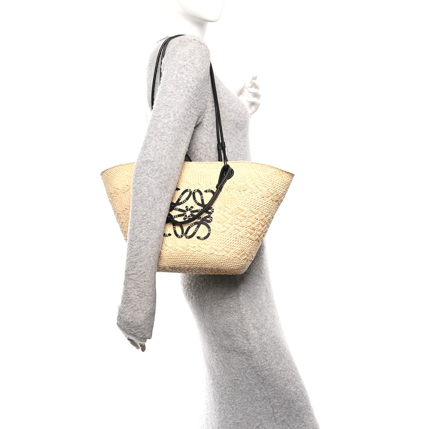Loewe Calfskin Raffia Paulas Ibiza Medium Anagram Basket Tote Bag Natural Black 2 of 9