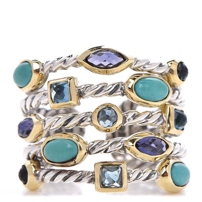 David Yurman Sterling Silver 18K Yellow Gold Turquoise Blue Topaz Amethyst Confetti Ring 53 6.25 1 of 4