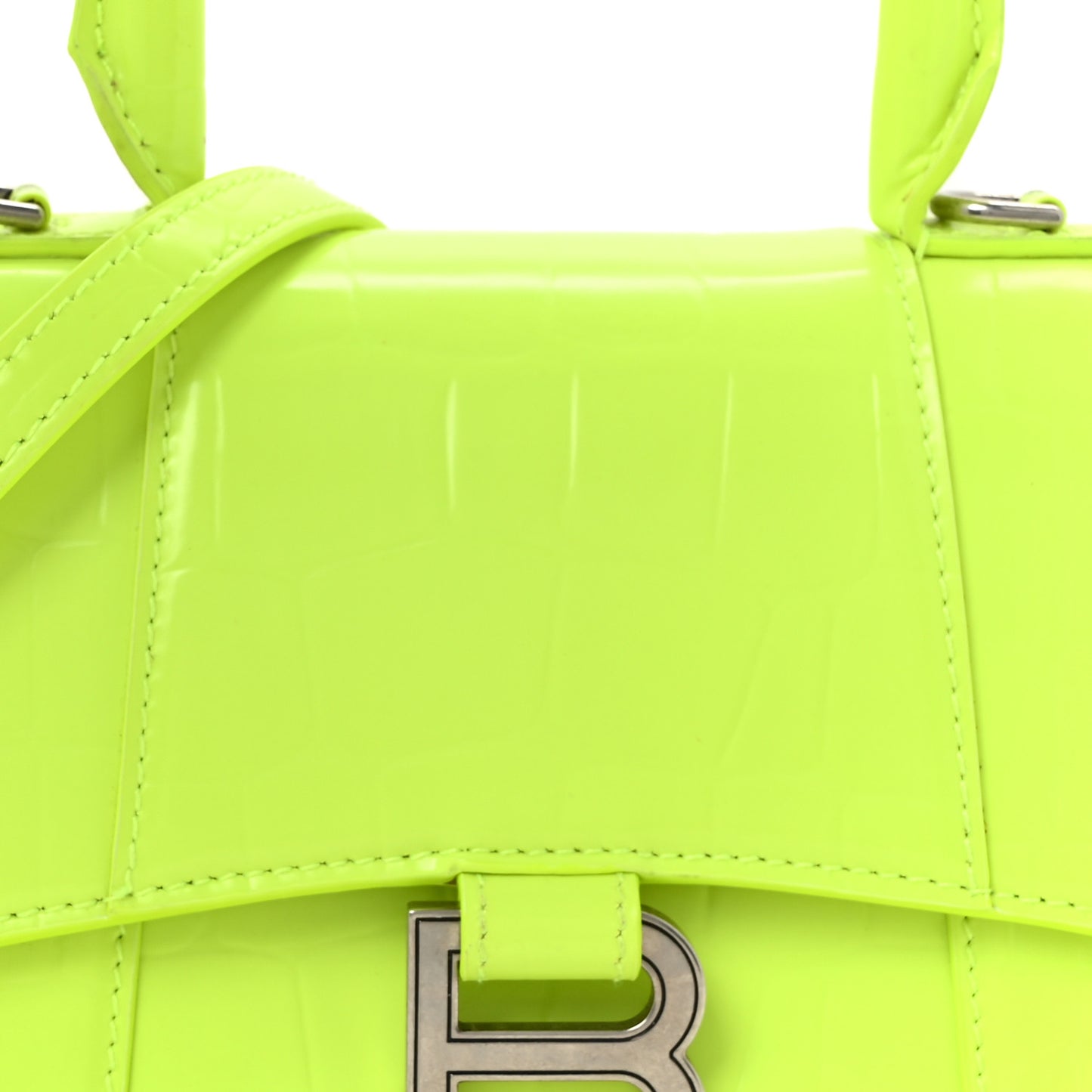 Shiny Calfskin Crocodile Embossed Hourglass Top Handle Bag XS Fluo Yellow