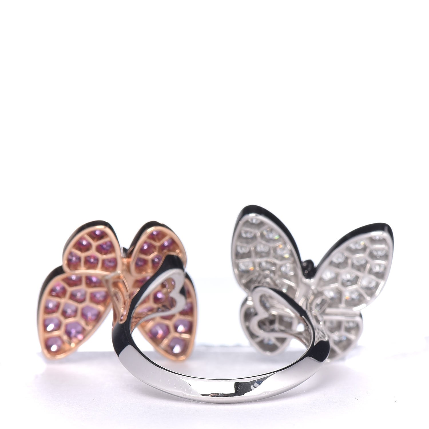 Van Cleef & Arpels 18K White Rose Gold Diamond Pink Sapphire Two Butterfly Between The Finger Ring 52 6 4 of 7