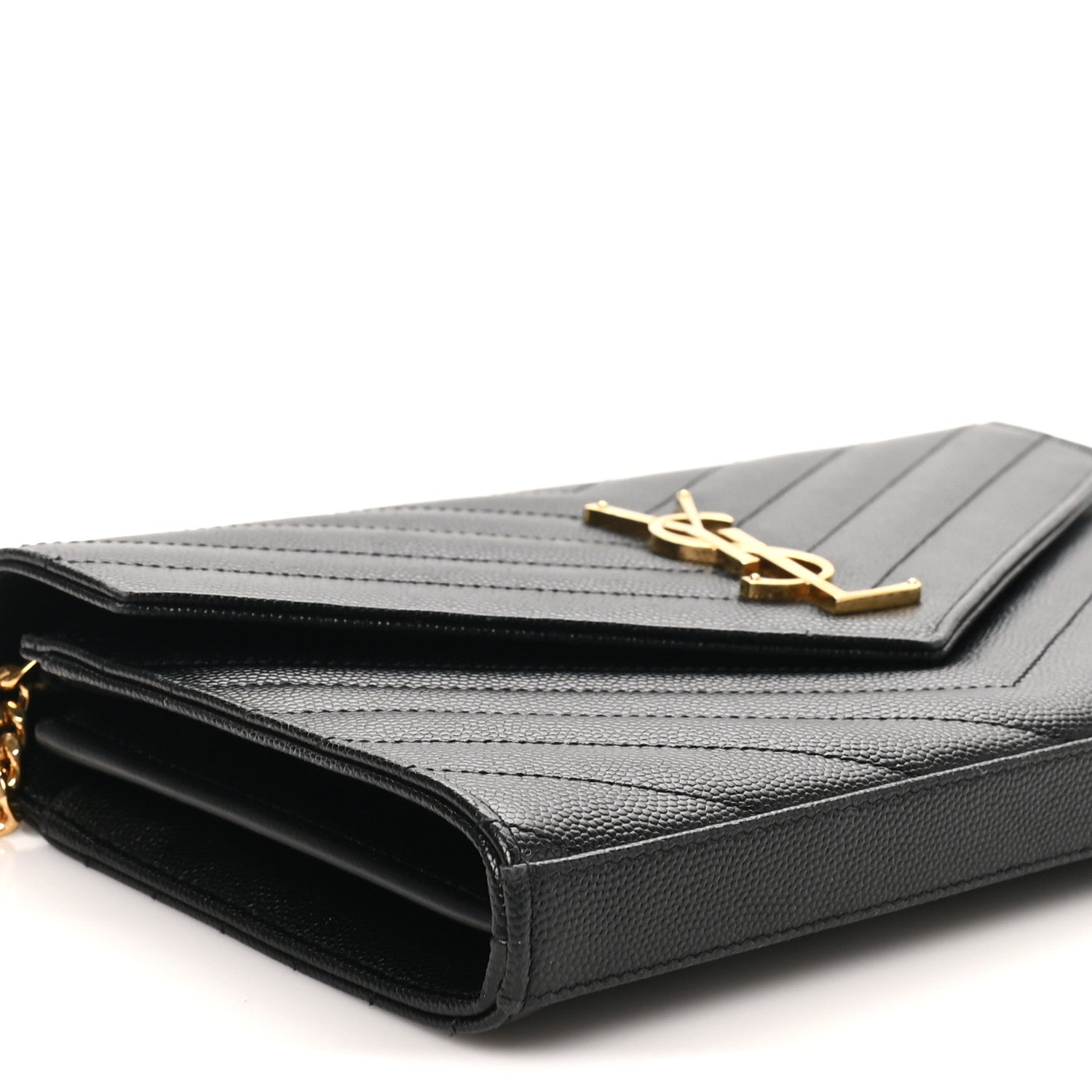 Saint Laurent Grain De Poudre Matelasse Chevron Monogram Chain Wallet Black 8 of 9