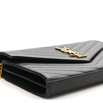 Saint Laurent Grain De Poudre Matelasse Chevron Monogram Chain Wallet Black 8 of 9