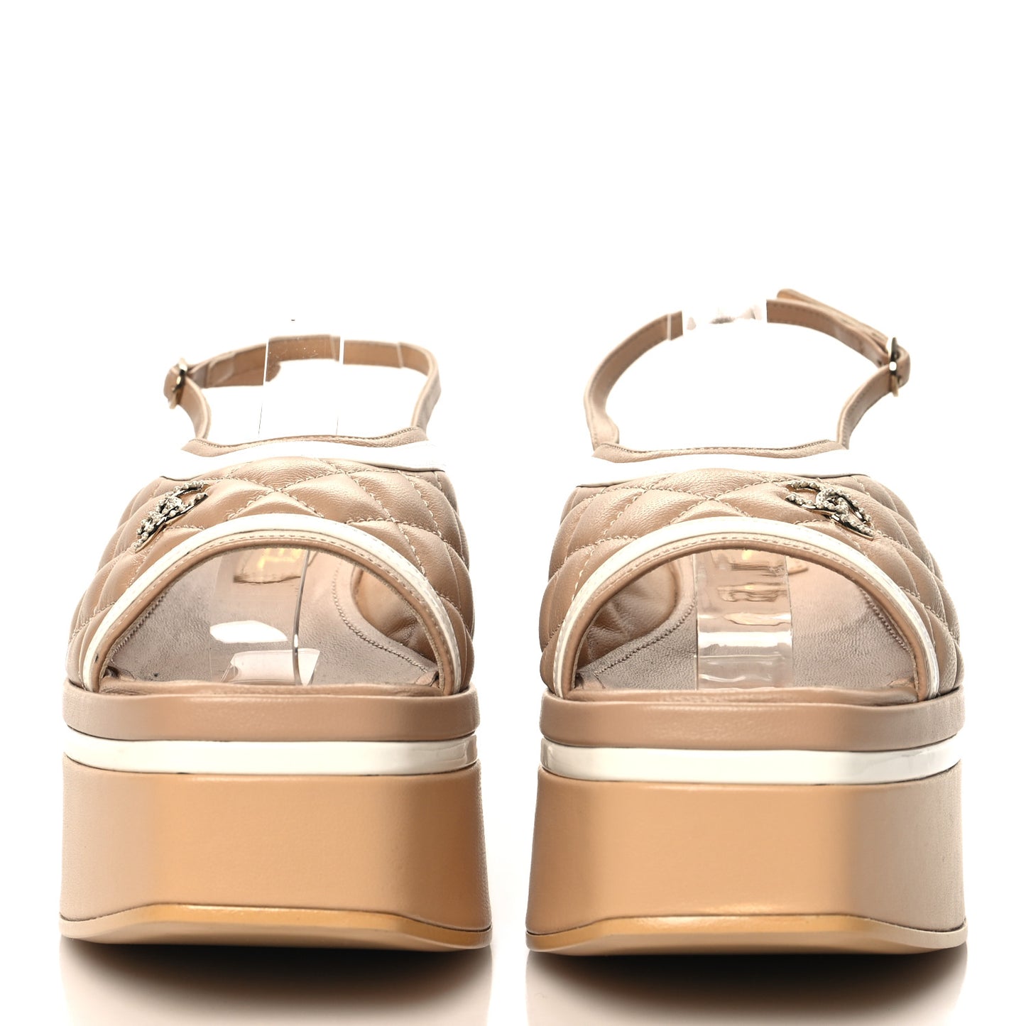 Lambskin Patent Quilted CC Platform Sandals 39.5 Beige White