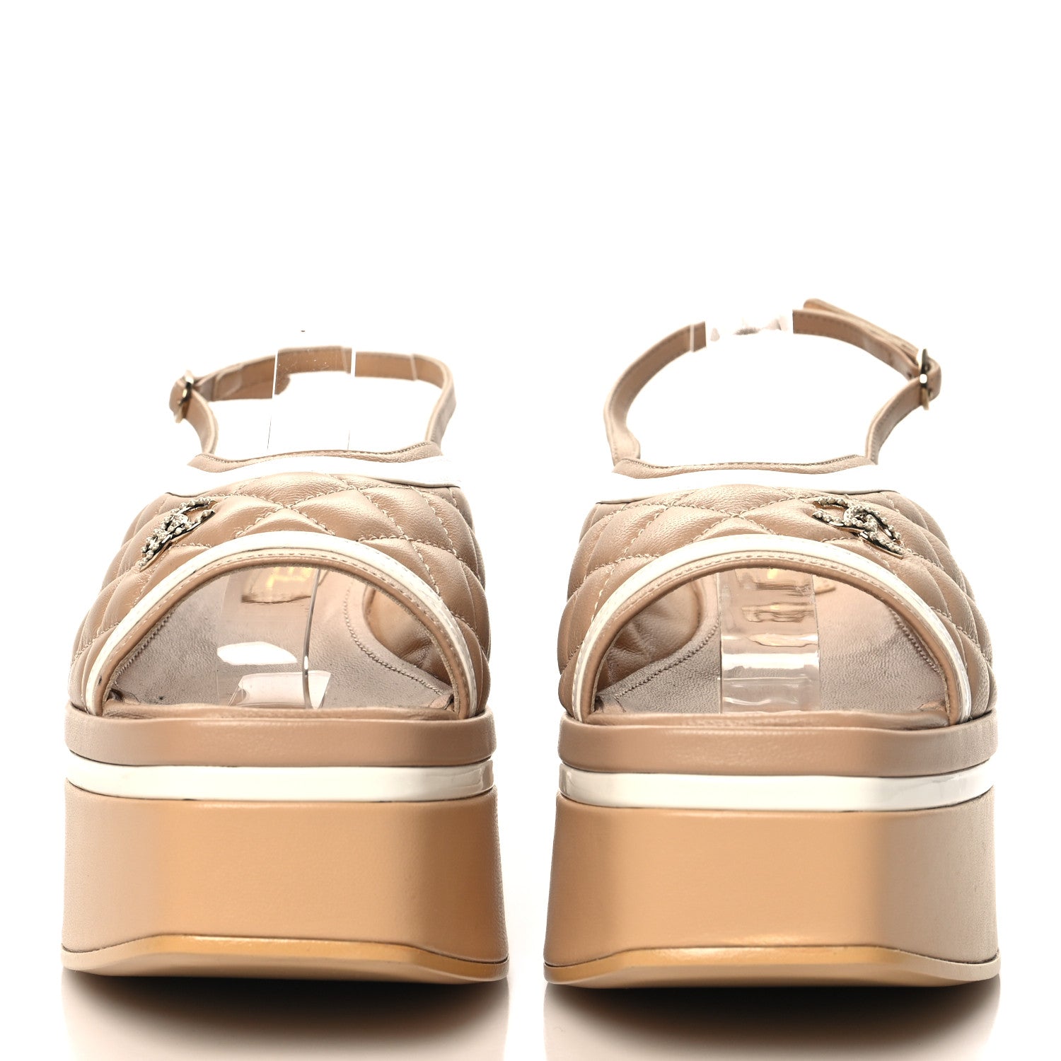 Chanel Lambskin Patent Quilted CC Platform Sandals 39.5 Beige White 3 of 10