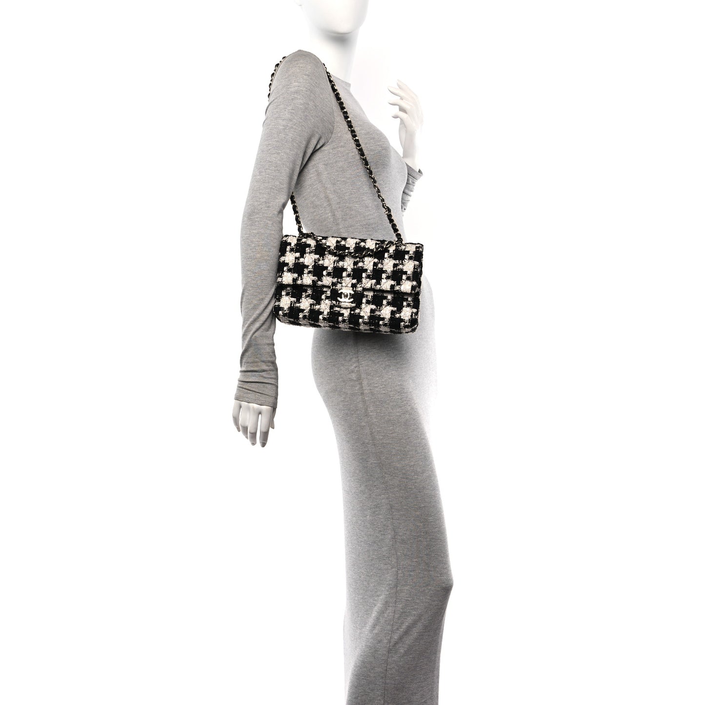 Tweed Quilted Medium Double Flap Black Ecru White