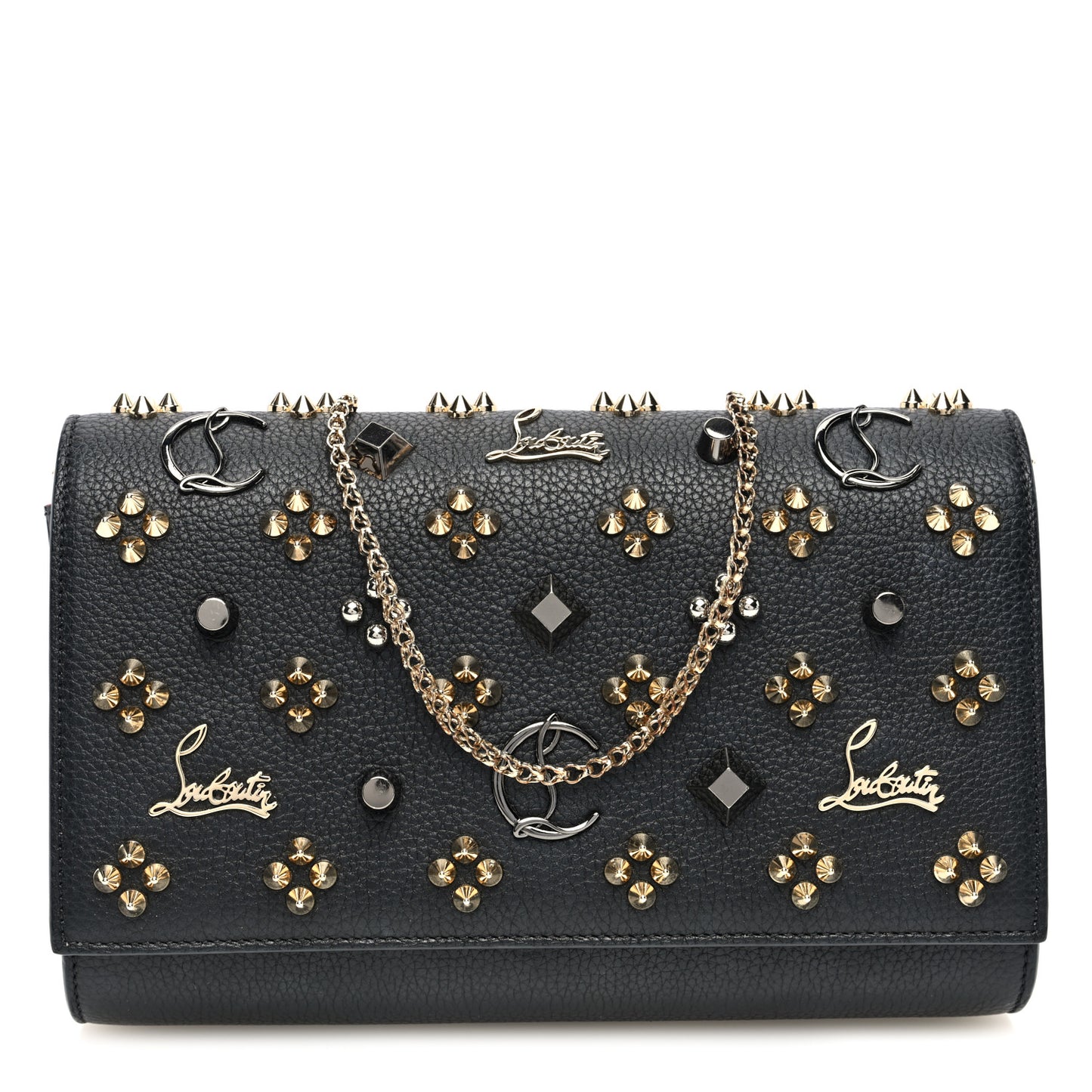 Grained Calfskin Spikes Loubinthesky Paloma Wallet On Chain Black Multimetal