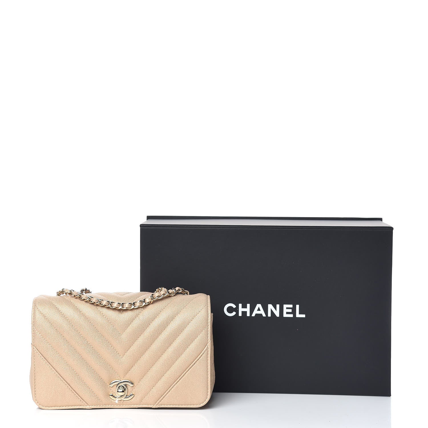 Chanel Metallic Caviar Chevron Quilted Mini Statement Flap Beige 12 of 12