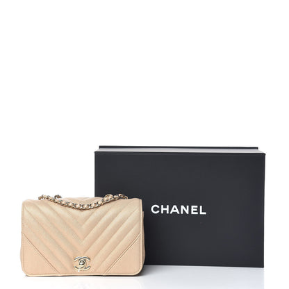 Chanel Metallic Caviar Chevron Quilted Mini Statement Flap Beige 12 of 12
